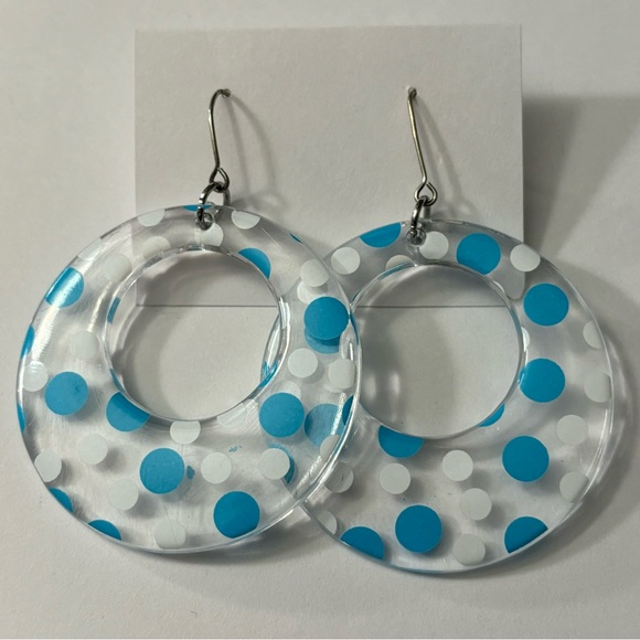 CLAIRE’S Big Blue & White Polka Dot Print Circle Hoop Dangle Earrings - Picture 1 of 2